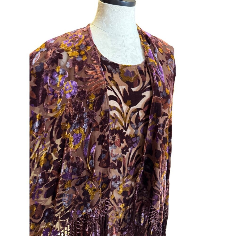 Shiba 1990s Womens Shawl Dress Size Large Brown Purple Burnout Silk Velvet Party - Picture 5 of 16